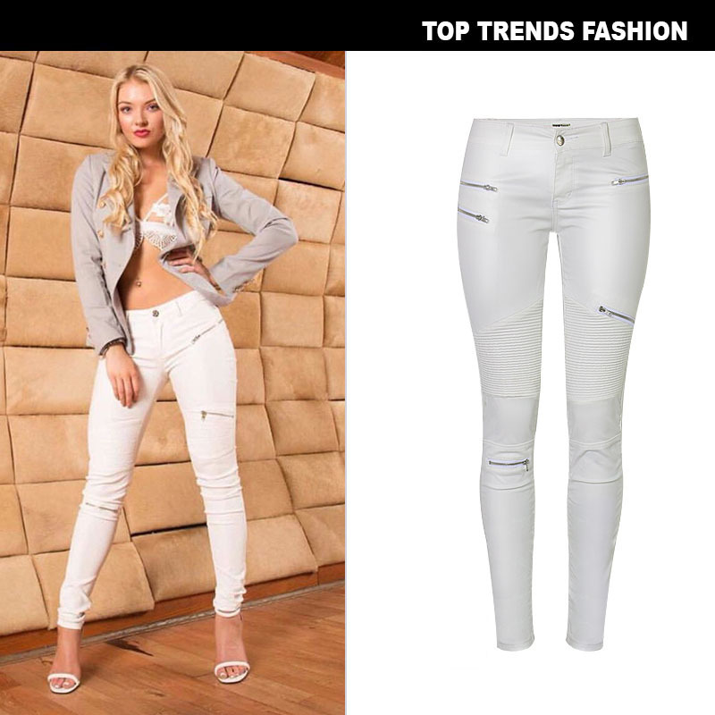 European and American eBay Amazon white faux leather denim skinny pants with multiple zippers in biker style available in large sizes European and American eBay Amazon white faux leather denim skinny pants with multiple zippers in biker style available in large sizes