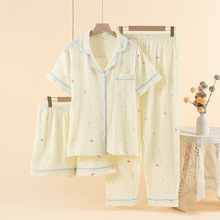 睡衣女春夏薄款双层纯棉纱翻领短袖长裤短裤居家服宽松大码家居服