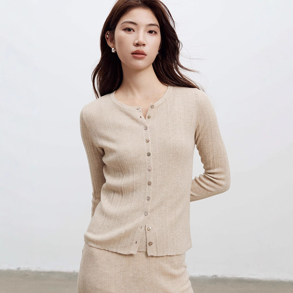 醋酸羊毛圆领针织开衫25新款女装秋单排扣小个子长袖毛衣女短外套