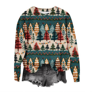 2023 Hot Cross-Border 3D Digital New Product Christmas Tree Print Women's Round Neck Trendyy Fashion Long-Sleeved Sweatshirt