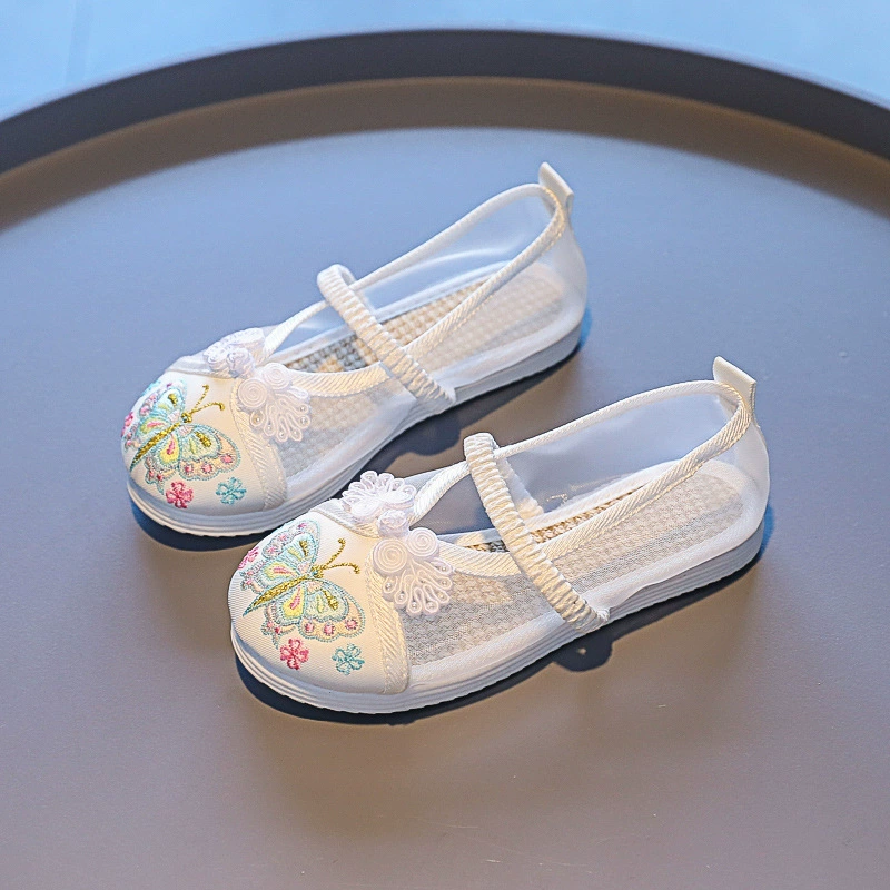 Летняя детская обувь с вышивкой, обувь ханьфу для девочек, антикварные полые туфли, костюмы, детская старая Пекинская сетчатая обувь, танцевальная обувь