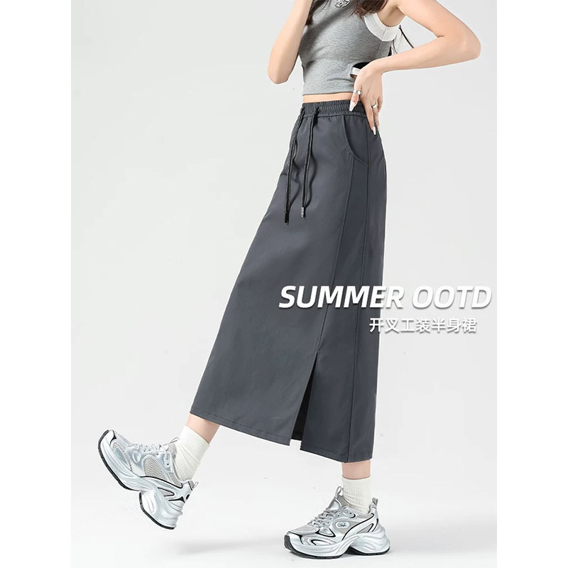 Gray Quick-Dry Workwear Skirt for Women, Spring Thin High-Waisted Slimming A-Line American-Style Back Slit Mid-Length Skirt Gray Quick-Dry Workwear Skirt for Women, Spring Thin High-Waisted Slimming A-Line American-Style Back Slit Mid-Length Skirt