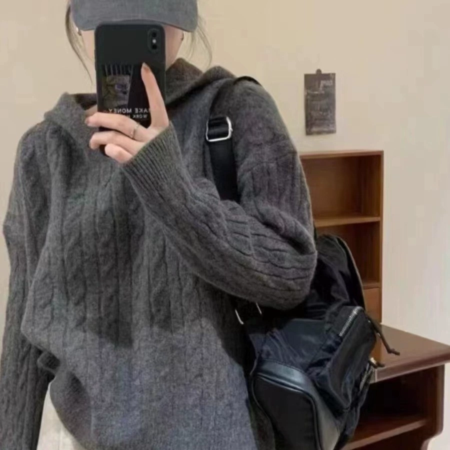 Женский трикотаж Twist, осень-зима 2023, новый пуловер с капюшоном в стиле ретро, свободный мягкий восковой трикотаж, топ из шерсти