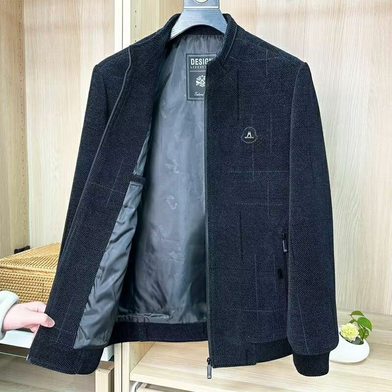 (2개) 중년 및 노인 남성 비즈니스 캐주얼 가을 및 겨울 새로운 셔닐 재킷 남성용 탑 모직 코트 남성용 아버지의 의상