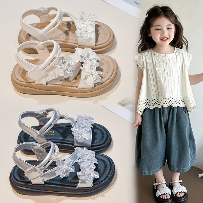 Zapatos de princesa de arco para niños 2026 verano nuevos zapatos de playa de perla suave para niños grandes zapatos de aire exterior image 1