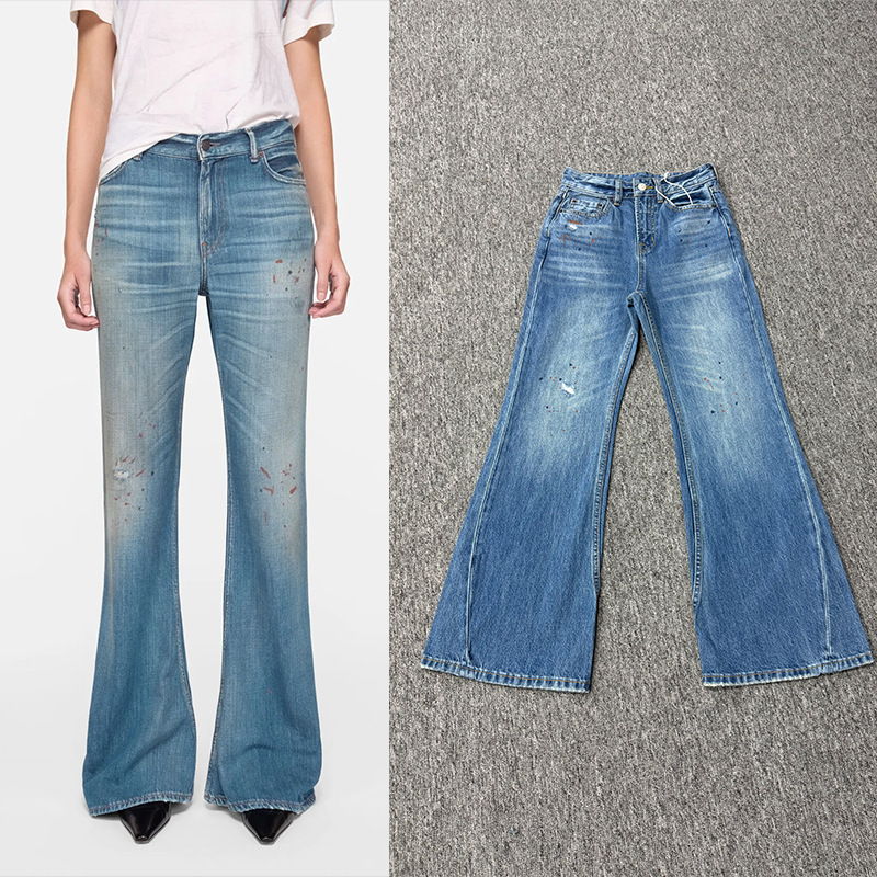 AC High-waisted Women's Jeans With Splatter-paint Graffiti, Blue Flared Pants, European And American Style, Versatile_voghion.com