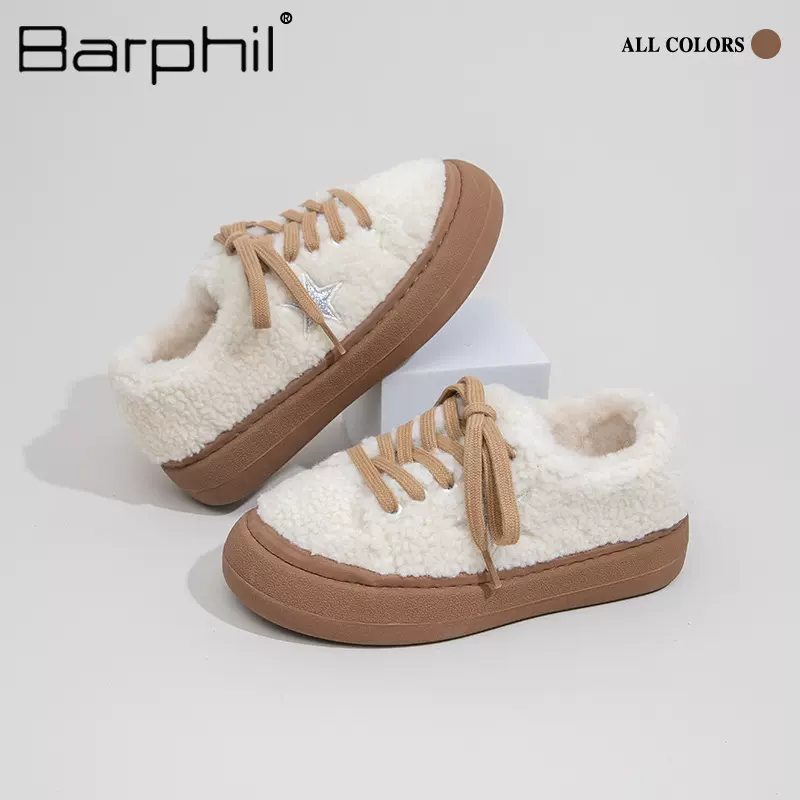 Barphil冬季加绒保暖女棉鞋耐磨居家包跟羊羔毛外穿毛毛休闲单鞋