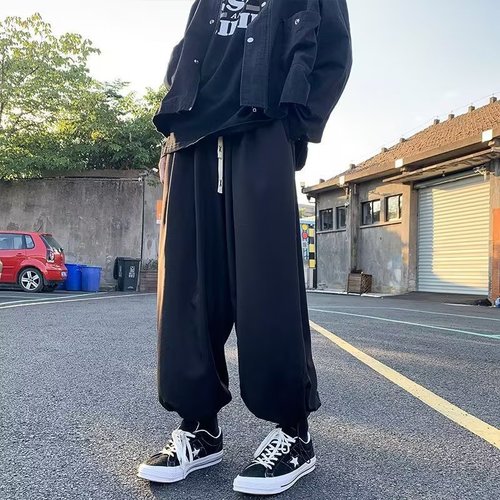 Men's Autumn Harlon Pants Japanese City Boy Wide Leg Casual Pants Streetwear Straight Leg Loose Tied-in Lantern Pants