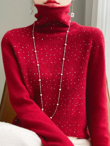 Women's V-neck Wool Knit Sweater, Seamless High Collar Cashmere Knit Top, Premium Style