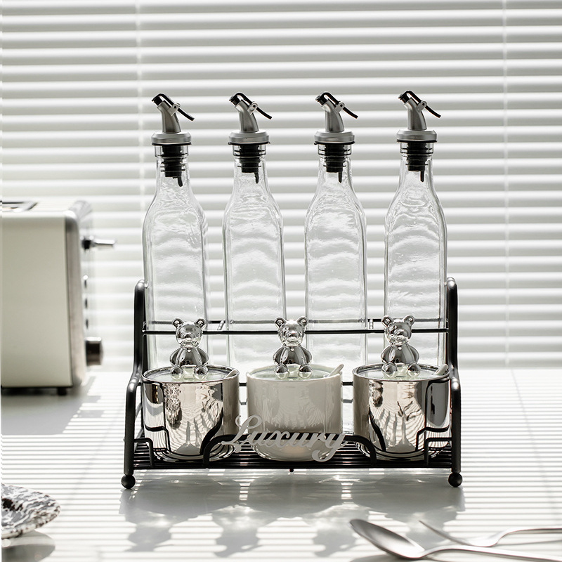 Luz de lujo de plata condimento tarro traje cocina cerámica sal tarro condimento aceite sal salsa botella tarro combinación condimento caja