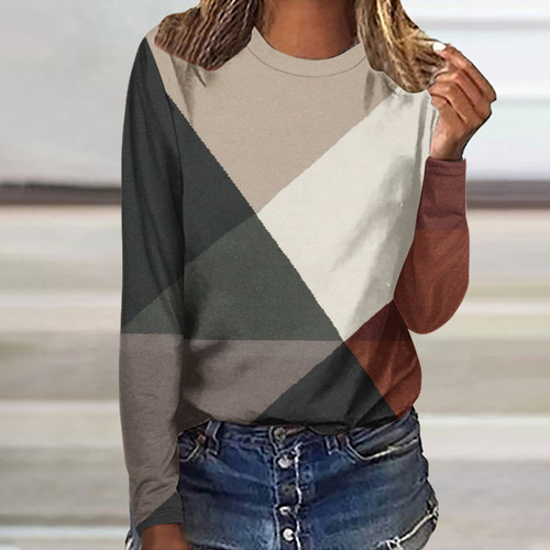 Cross-border Spring Hot Sale Women's T-shirts Amazon European and American Women's Fashion Fresh Print Casual Crew Neck Long Sleeve Top