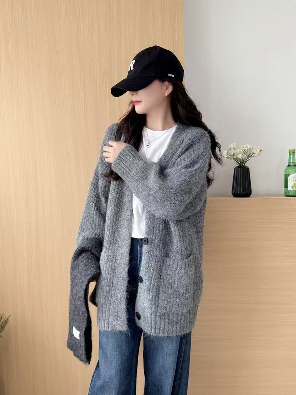 慵懒风V领毛衣外套女装秋冬新款跨境宽松简约休闲针织开衫外套女|undefined
