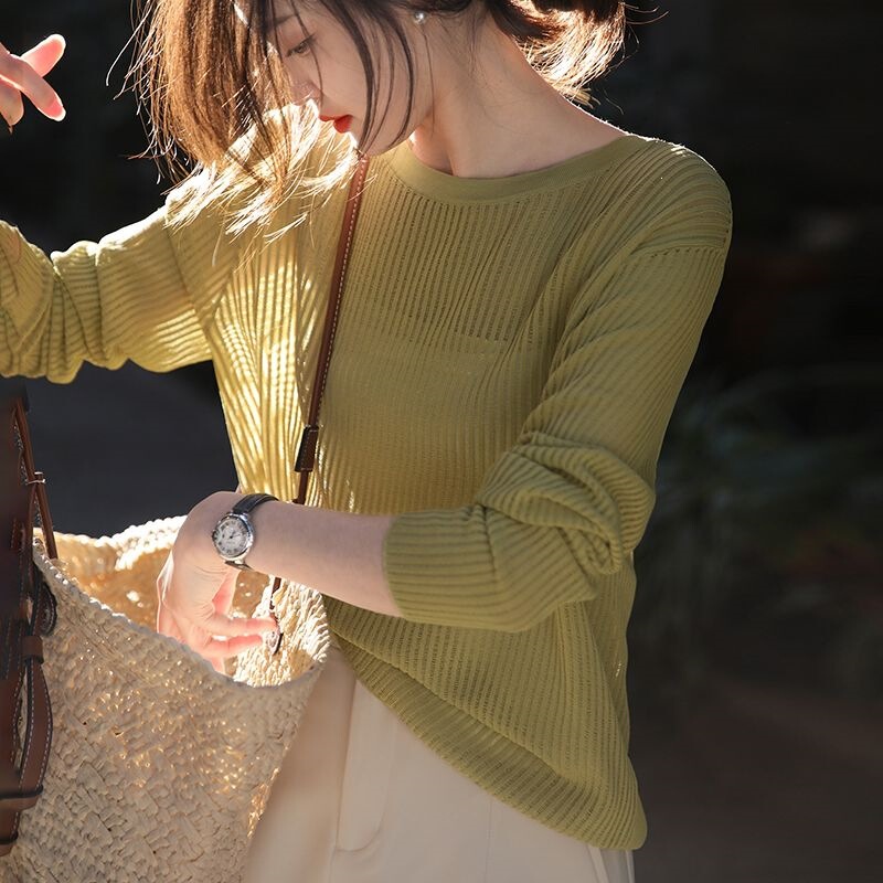 Wzxsk Semi-Sheer Versatile T-Shirt Knit Top for Women Spring/Summer 2026 New Ribbed Hollow-Out Long-Sleeve Drop-Shoulder Cover-Up Shirt Wzxsk Semi-Sheer Versatile T-Shirt Knit Top for Women Spring/Summer 2026 New Ribbed Hollow-Out Long-Sleeve Drop-Shoulder Cover-Up Shirt