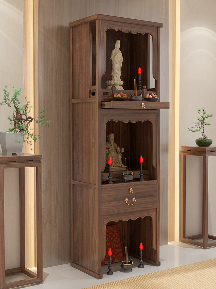 Solid Wood Three-Layer Shrine Cabinet, New Chinese-Style Buddhist Altar Cabinet, God of Wealth, Ancestor, Landlord Cabinet, Household Buddha Worship Cabinet