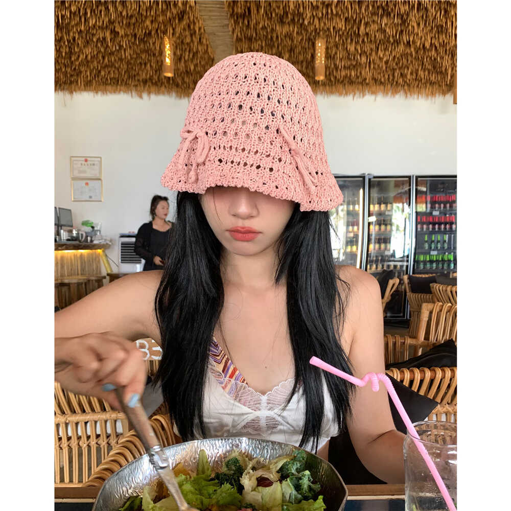 韩系甜美蝴蝶结渔夫帽子女夏季镂空ins针织网眼草编透气休闲盆帽