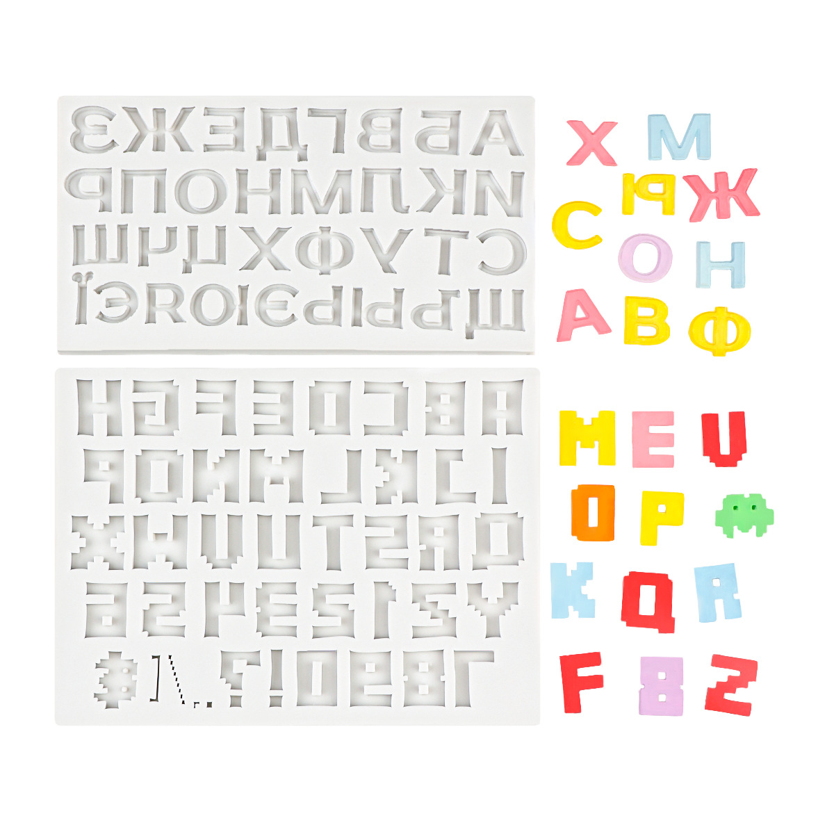 Molde de letras de estilo de píxeles de letras mayúsculas rusas Molde de yeso de bricolaje Molde de silicona para decoración de pastel de chocolate con fondant