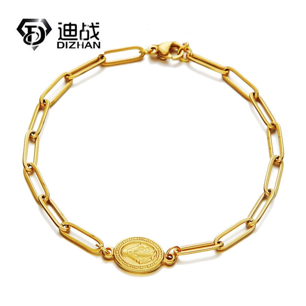 Интернет-знаменитость холодный стиль из нержавеющей стали Скрепка цепь Монета браслет Девы Марии простые изысканные Ручные украшения