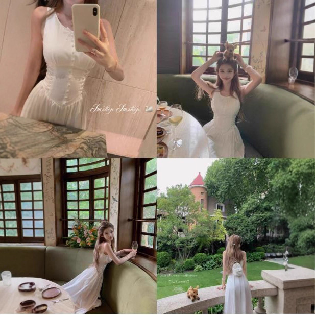 JMSHOP 白色桔梗 少女感绑带收腰连衣裙女夏大方得体无袖长款裙子|undefined