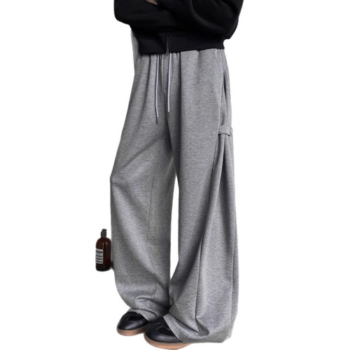 High-end Grey Heavyweight Wide Leg Sports Track Pants for Men with Belt Design, Stylish Casual Long Pants, Loose and Flowy Floor-Length Trousers