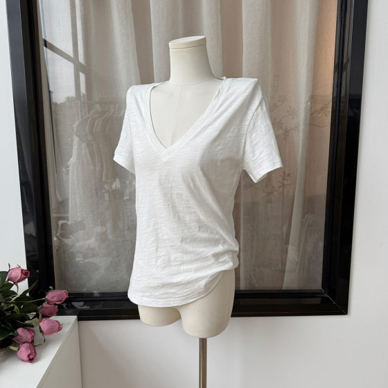 Duolaimei 2025 V-neck short-sleeved T-shirt women's spring new casual front shoulder versatile niche solid color loose top