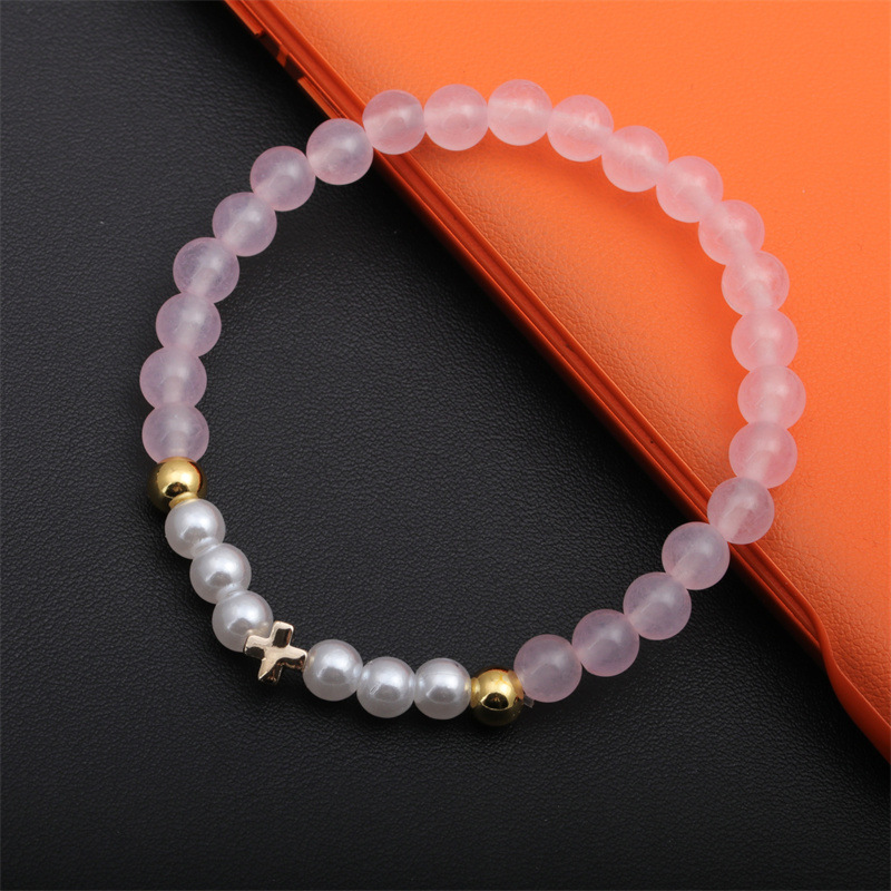 Europa y América transfronteriza 6mm rosa cristal pulsera de cuentas de cobre Cruz amor imitación perla pulsera de cuentas