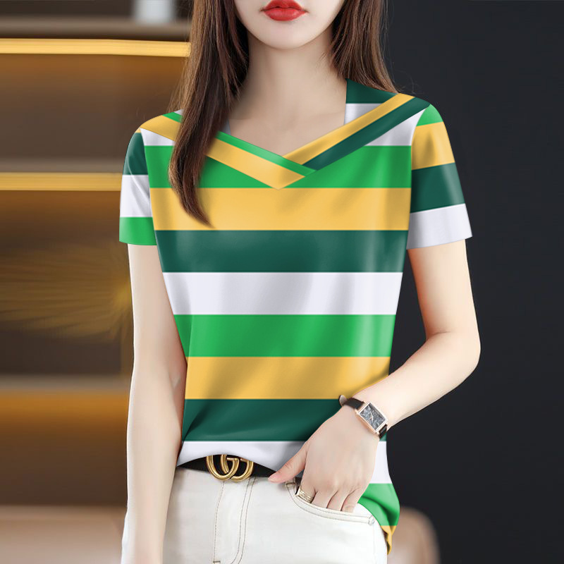 卸売 2025 新しい夏の人気の女性の T シャツ痩身お腹カバー V ネックファッション半袖ドロップシッピング|undefined