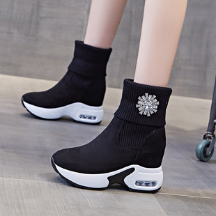 Air-Cushion Thick-Soled Inner Heightening Boots for Women 2025 Autumn and Winter New Woolen Elastic Boots Fleece-Lined Warm Cotton Boots