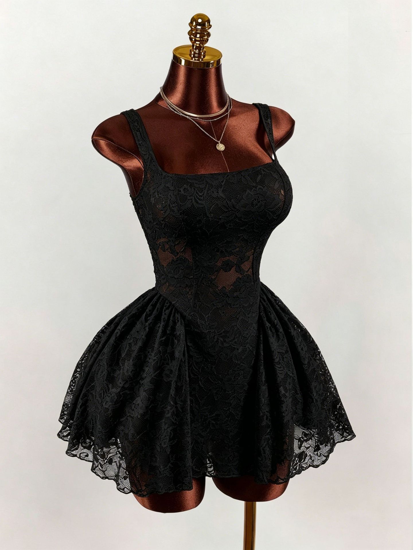 New Women's White Lace Dress, Square Neck, Wide Strap, Fitted Waist, Tulip Shaped Puffy Skirt_ecoleips.com
