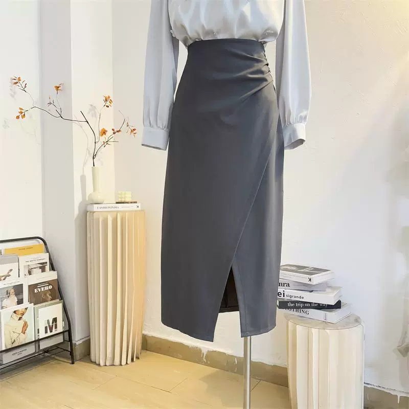 Продвинутые оттенки серого с открытым полом юбка женская весна и лето средней и длинной талии
