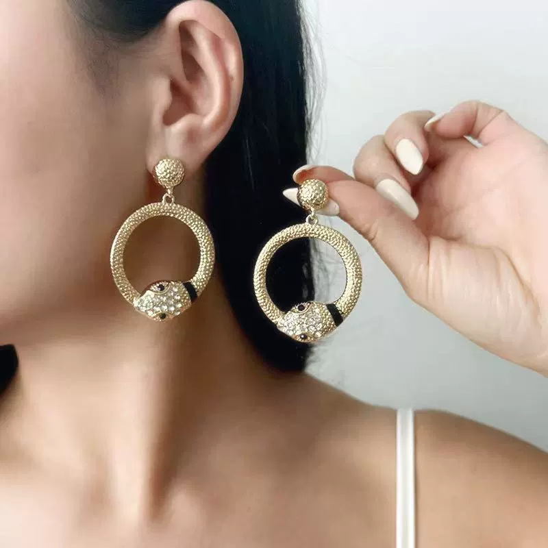 Europa y América de moda exagerada aleación geométrica redonda textura de cabeza de serpiente diamantes pendientes de orejas al por mayor image 1
