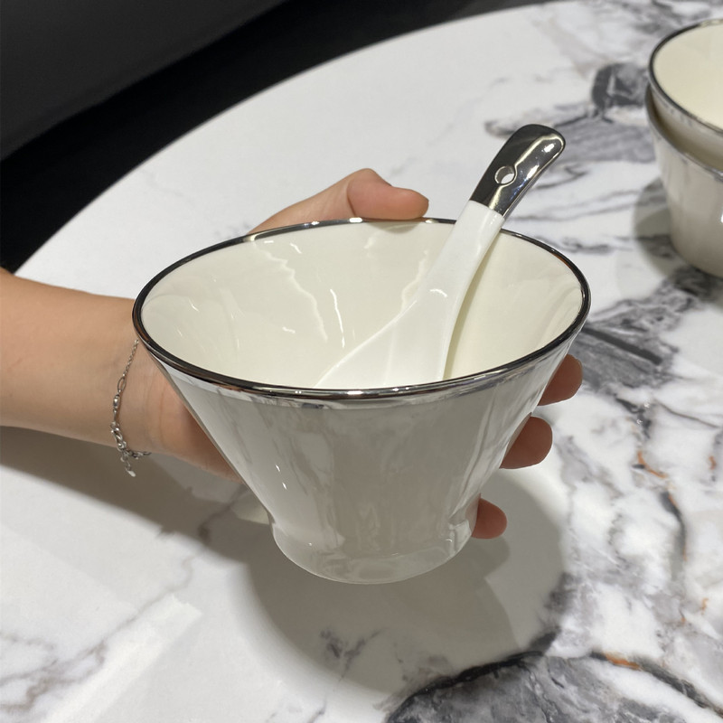 New Accessible Luxury Rice Bowl, Bamboo Hat Bowl, Dishes, Silver-Rimmed Household High-End Internet Celebrity Hot Rice Bowl, Dessert Bowl, Silver-Plated