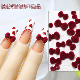 New product flocking bow nail decoration accessories wine red size bow tie wear nail resin nail jewelry wholesale