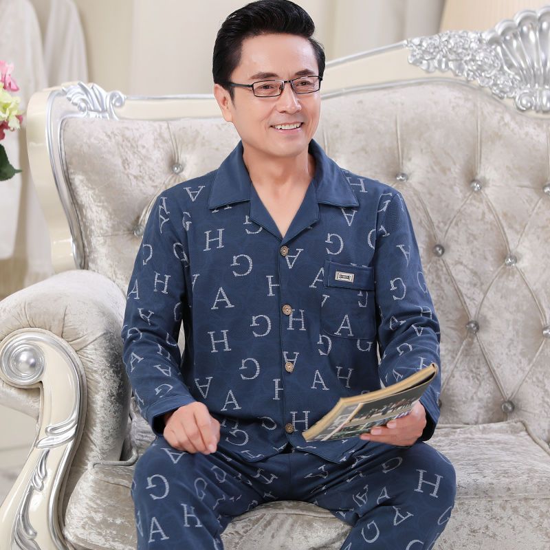 Pijamas hombres primavera y otoño manga larga 100% algodón de mediana edad y ancianos papá algodón más tamaño traje de desgaste para el hogar de los hombres