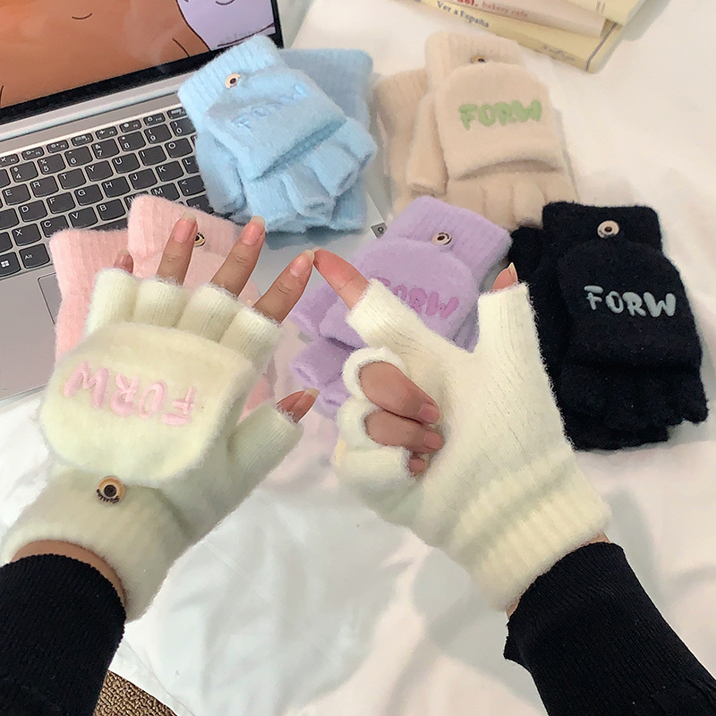 따뜻하고 차가움 방지 학생용 반 손가락 플립 장갑 겨울용 한국식 장갑 귀여운 손가락 없는 울 플러스 벨벳