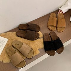 2025夏季新款时尚网红真皮厚底休闲拖鞋女低跟外穿一字露趾女凉拖