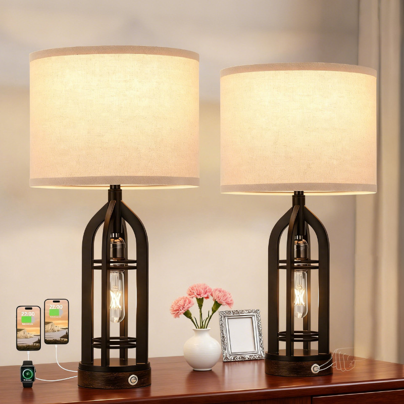 Cross-Border Amazon Living Room Table Lamp Bedroom Black Bedside Lamp with USB Socket Farmhouse Lamp Touch Lamp Oatmeal Lamp