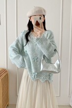 秋冬蕾丝蝴蝶针织衫新款设计紫色立体外套毛衣宽松显瘦慵懒上衣