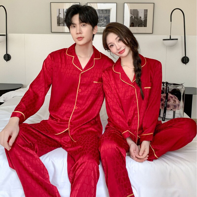 Yase [You Are Always with Me] New Couple Pajamas Spring and Autumn Ice Silk Long Sleeves and Trousers Loose Home Clothes Men's Suit