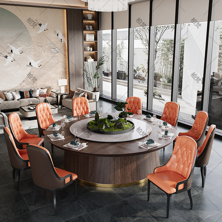 Nuevo estilo chino de madera maciza mesa de comedor de tabla de roca combinación de hotel de alta calidad 3m mesa redonda eléctrica giratoria mesa de comedor para 20 personas
