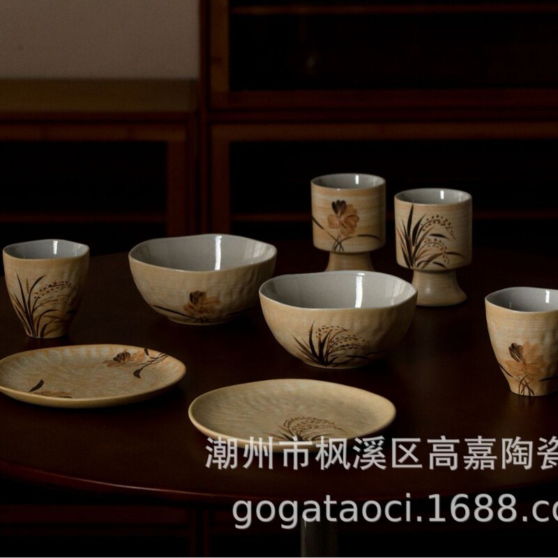 Underglaze Hand-Painted Wheat Flower Japanese-Style Rustic Ceramic Bowl, Plate, and Cup Set, Vintage Household Coffee Cup and Saucer Set Underglaze Hand-Painted Wheat Flower Japanese-Style Rustic Ceramic Bowl, Plate, and Cup Set, Vintage Household Coffee Cup and Saucer Set