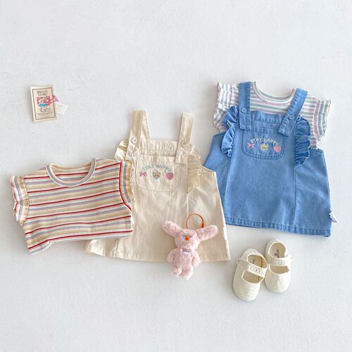 Striped T-shirt for Girls 2025 Summer Baby Sweet Korean Style Base Shirt Children Embroidered Bear Overalls