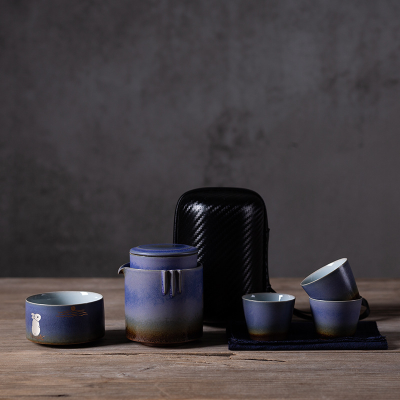 Juego de té viaje traje una olla cuatro tazas portátil Kung Fu taza al aire libre simple estilo japonés tetera retro casa