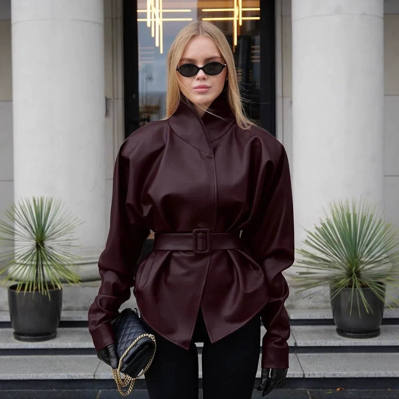Fashion Coat European and American Style Women's Jacket, Fashionable Stand-Up Collar, Long-Sleeve Leather Jacket with Belt, Autumn and Winter