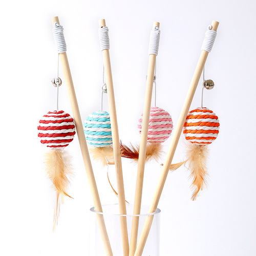 Burlap Wooden Cat Fighting Stick Wholesale Pendant Feather Solid Wood With Bell Wooden Handle Cat Fighting Stick Cat Toy