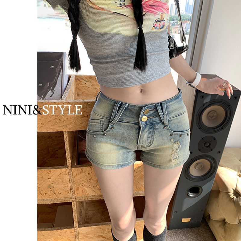 American Retro Denim Shorts for Women, Summer Hot Girl Style, Tight-Fitting, Stretchy, High Street, Sexy, Hip-Hugging, Washed, Low-Waist Hot Pants