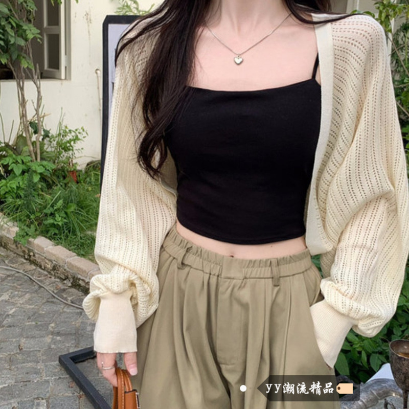 Knitted Blouse Women's Sunscreen Clothing Spring Thin Black Shawl Short Outer Cardigan Small Coat Top Skirt with Slip