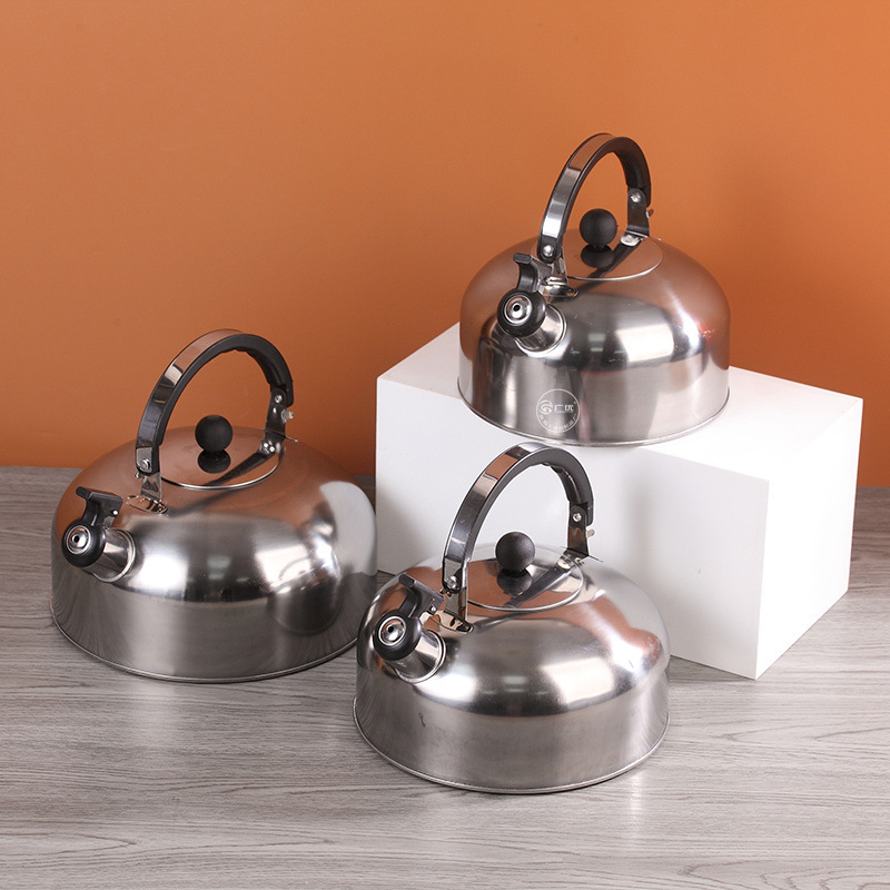 Olla plana de acero inoxidable mango de baquelita engrosada hervidor de agua de fondo plano de sonido hemisferio tetera de gas disponible