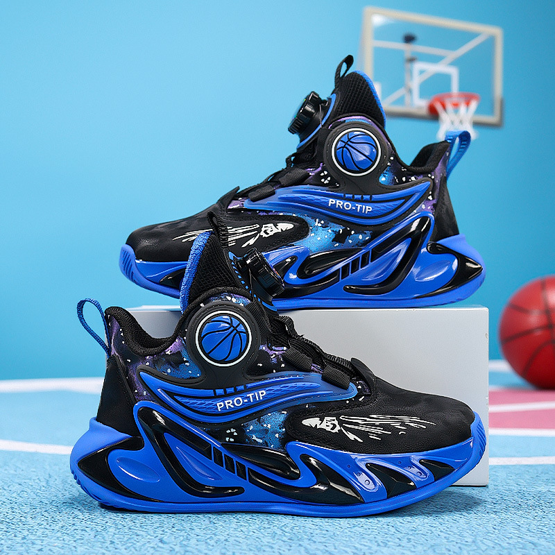 2025 explosión de zapatos de baloncesto para niños botón giratorio zapatos de baloncesto de cuero con suela gruesa zapatos antideslizantes al aire libre