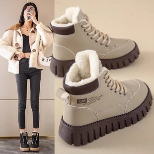 High-top thick-soled casual cotton shoes lace-up snow boots women's 2024 winter new all-match fleece-lined short boots waterproof non-slip