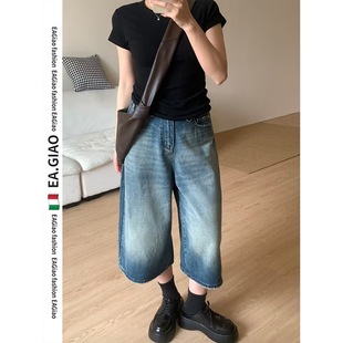 American Retro Cropped Jeans for Women Summer New High-Waisted Loose Shorts Drapey Shorts Wide-Leg Straight Pants